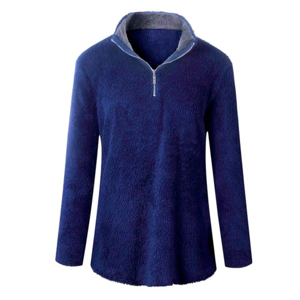 Navy Blue Hooded teddy fleece Half-Zip‎ full zip wirh front pockets. Cozy!